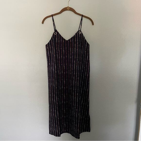Navy & Burgundy Slip Dress With Grommet Details Striped Midi NWT - Picture 2 of 7